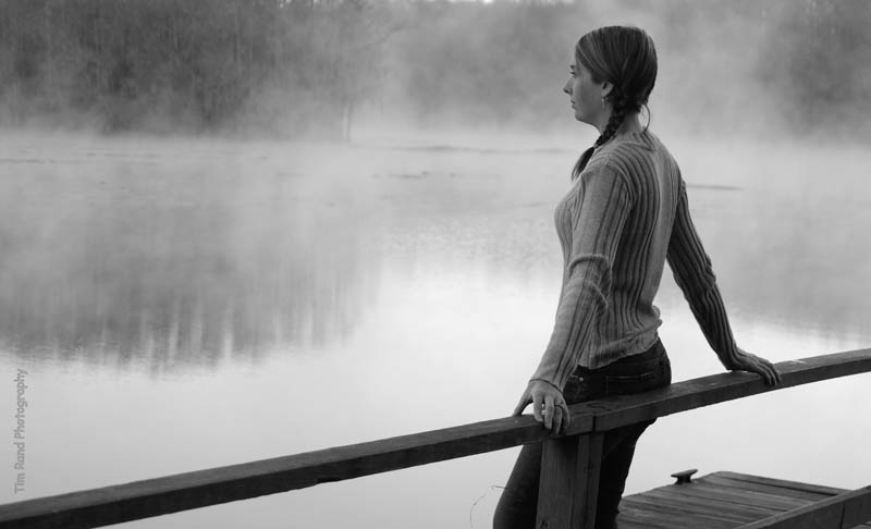 girl in morning mist by Texas lake